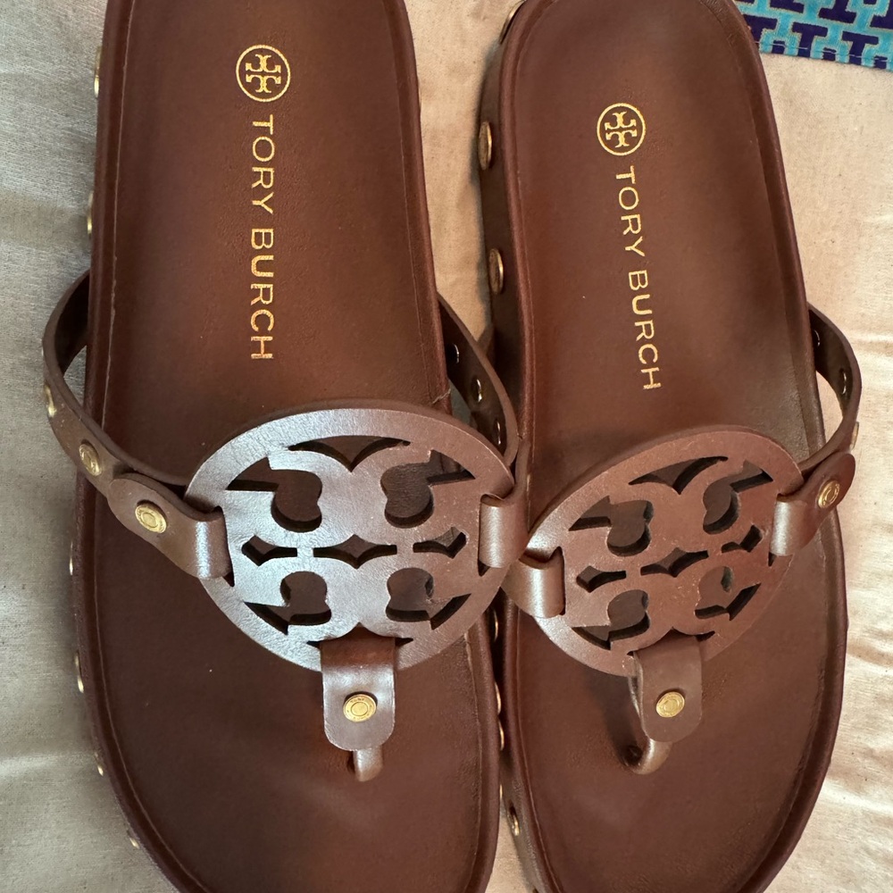 Tory Burch Brown Leather Studded Sandals with Iconic Logo